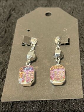 Pink Iridescent Crystal Drop Earrings - Silver Tone